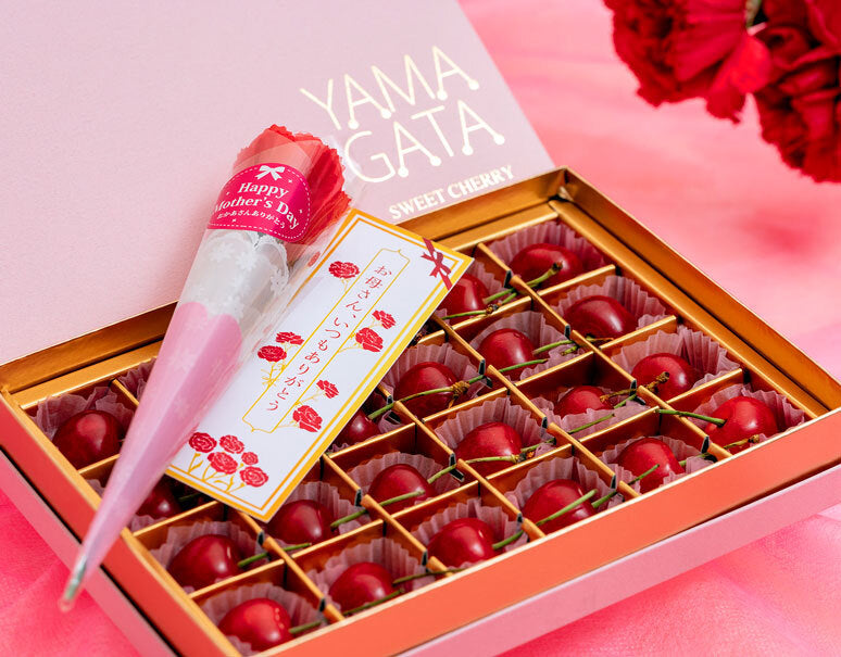 【母の日ギフト】『佐藤錦』山形県産温室さくらんぼ Lサイズ 秀品 24粒入（約150g） 化粧箱 ※常温 カーネーション(造花)・メッセージカード付 産地直送